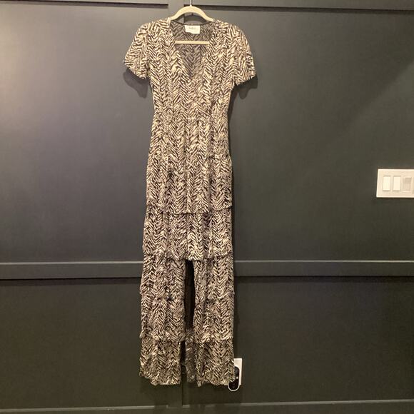 BA&SH Zelie Tiered Satin long Maxi Dress Animal Print Black White V neck 6 - Picture 3 of 9